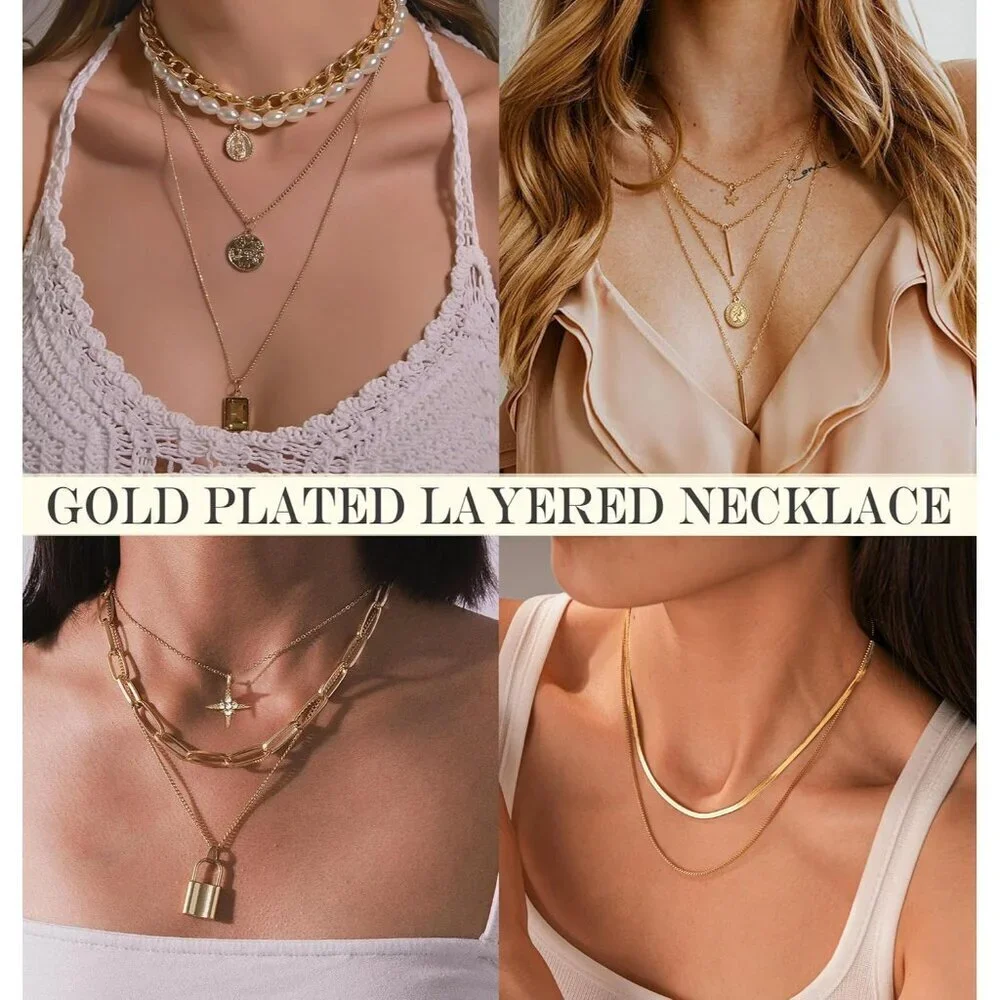 Golden Jewelry Set Women 124 pcs Layered Necklaces Bracelets Rings Earrings